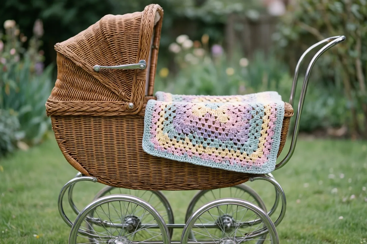 Een oude rieten kinderwagen met verchroomde wielen en een gehaakte pasteldeken staat op een gazon, met een wazige tuin in jarenzestigstijl vol groen en bloemen op de achtergrond.