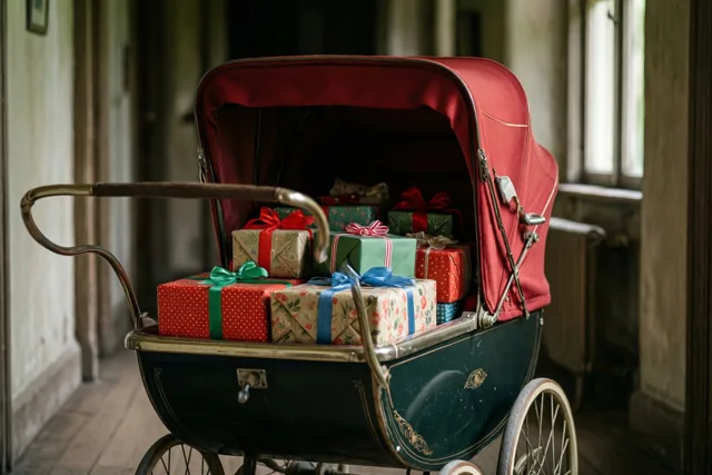 Een oude kinderwagen met een rode kap staat vol ingepakte kerstcadeaus in een oude gang, in rode, groene en crèmekleurige tinten.