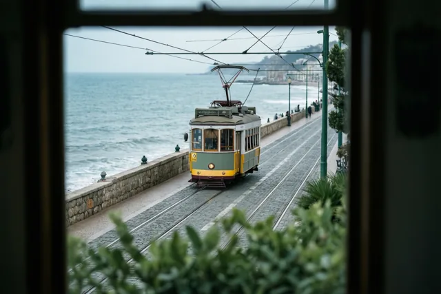 Door een raam met wazig groen op de voorgrond is een oude groen-gele tram te zien op een geplaveide zeepromenade, met de zee links ervan.