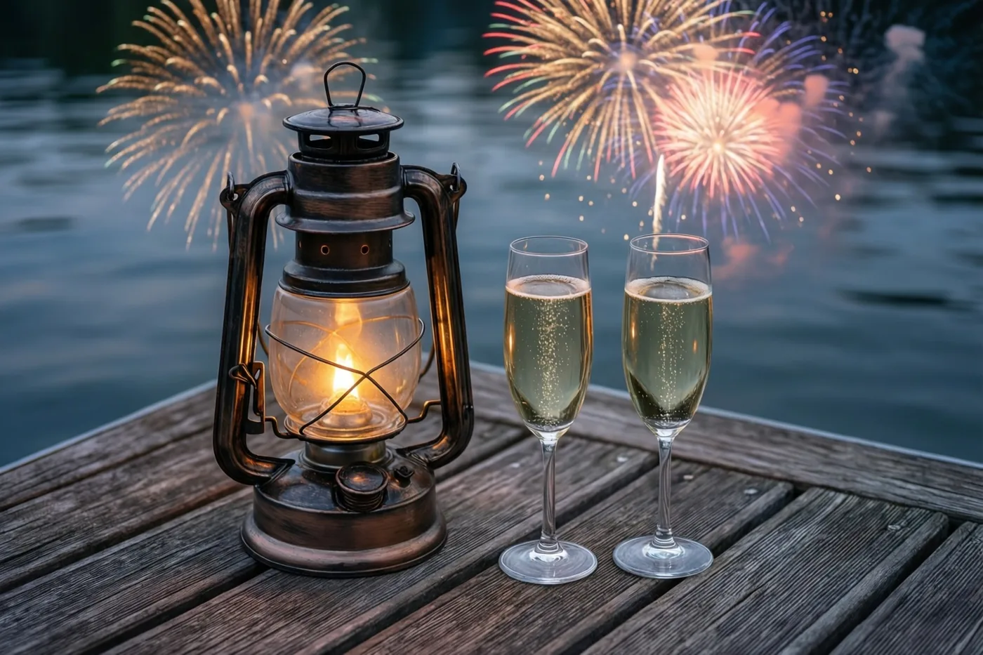 Een lantaarn in oude stijl en twee champagneglazen staan op een houten steiger, verlicht door de lantaarn en kleurrijk vuurwerk boven het water.