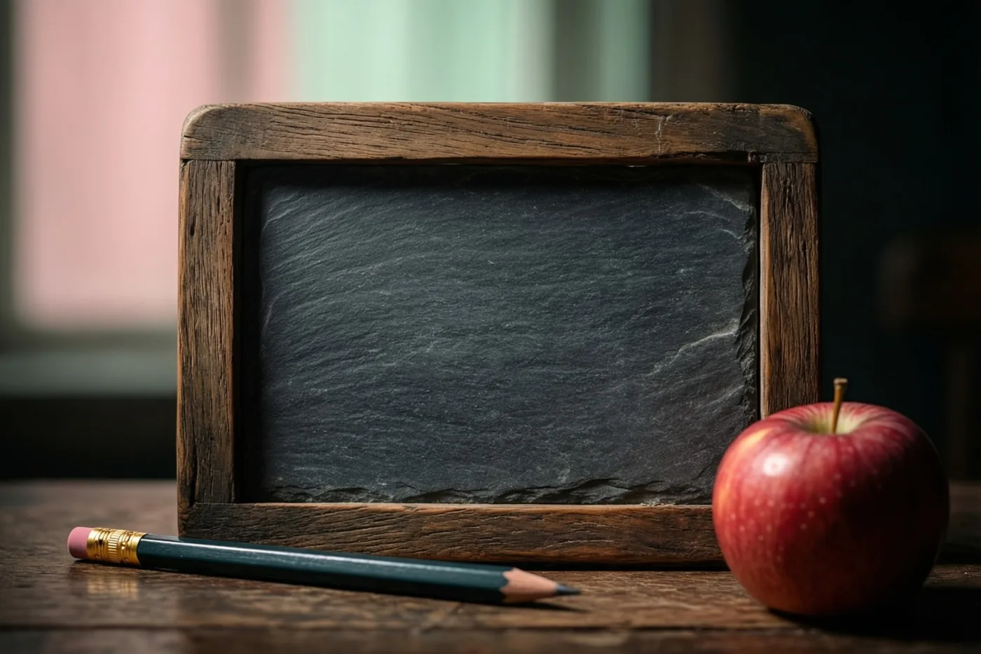 Een oude lei met een houten rand ligt naast een rode appel en een griffel op een houten oppervlak, in zacht licht met een wazige achtergrond.