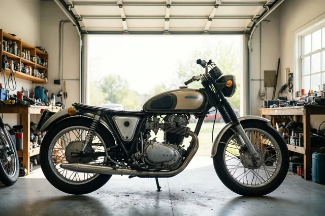 Een oude motorfiets staat in een goed verlichte garagewerkplaats tussen gereedschap en rekken, in zilveren, zwarte en beige tinten.