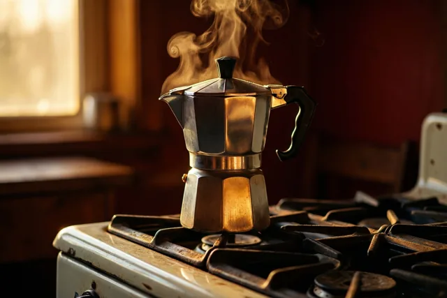 Een verchroomde vintagepercolator dampt op een oud geëmailleerd fornuis in warm ochtendlicht vanuit een raam, met goudkleurige, bruine en dieprode tinten in de omgeving.