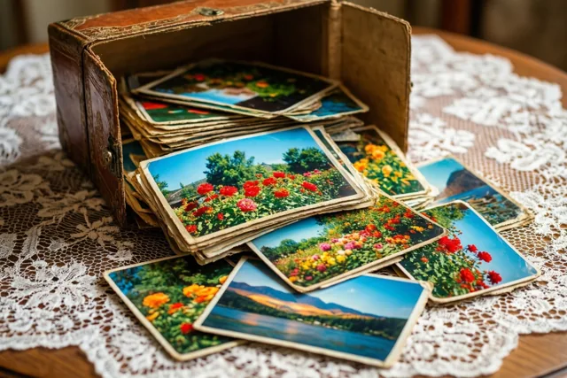 Uit een open verweerde houten doos liggen oude prentkaarten met kleurrijke bloemen en landschappen verspreid over een wit kanten tafelkleed.