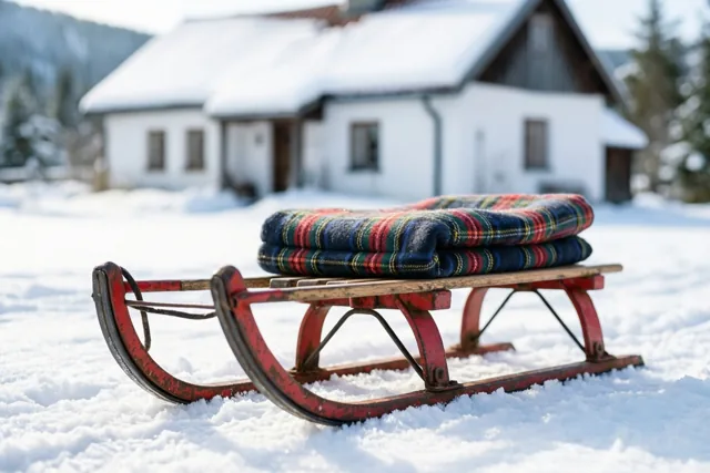 Een oude metalen kinderslee met rode glijders en een opgevouwen geruite deken staat in de sneeuw voor een besneeuwd huisje.