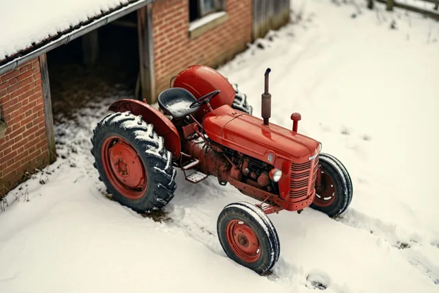 Een rode tractor uit de jaren vijftig staat op een besneeuwd boerenerf naast een bakstenen schuur, in rode, witte en bruine tinten.