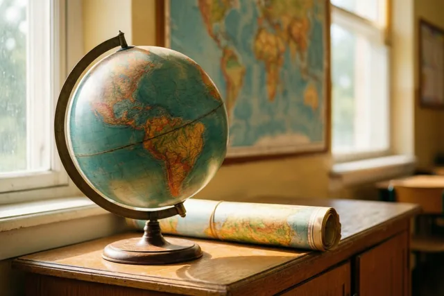 Een oude wereldbol en een opgerolde wandkaart liggen op een houten kast in een zonnig klaslokaal met warme gele en bruine tinten.