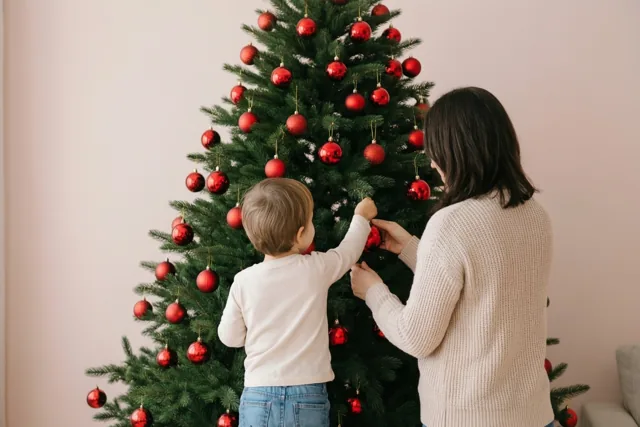 Een ouder en een klein kind hangen samen rode kerstballen in een kerstboom, van achteren gezien tegen een effen lichte muur.