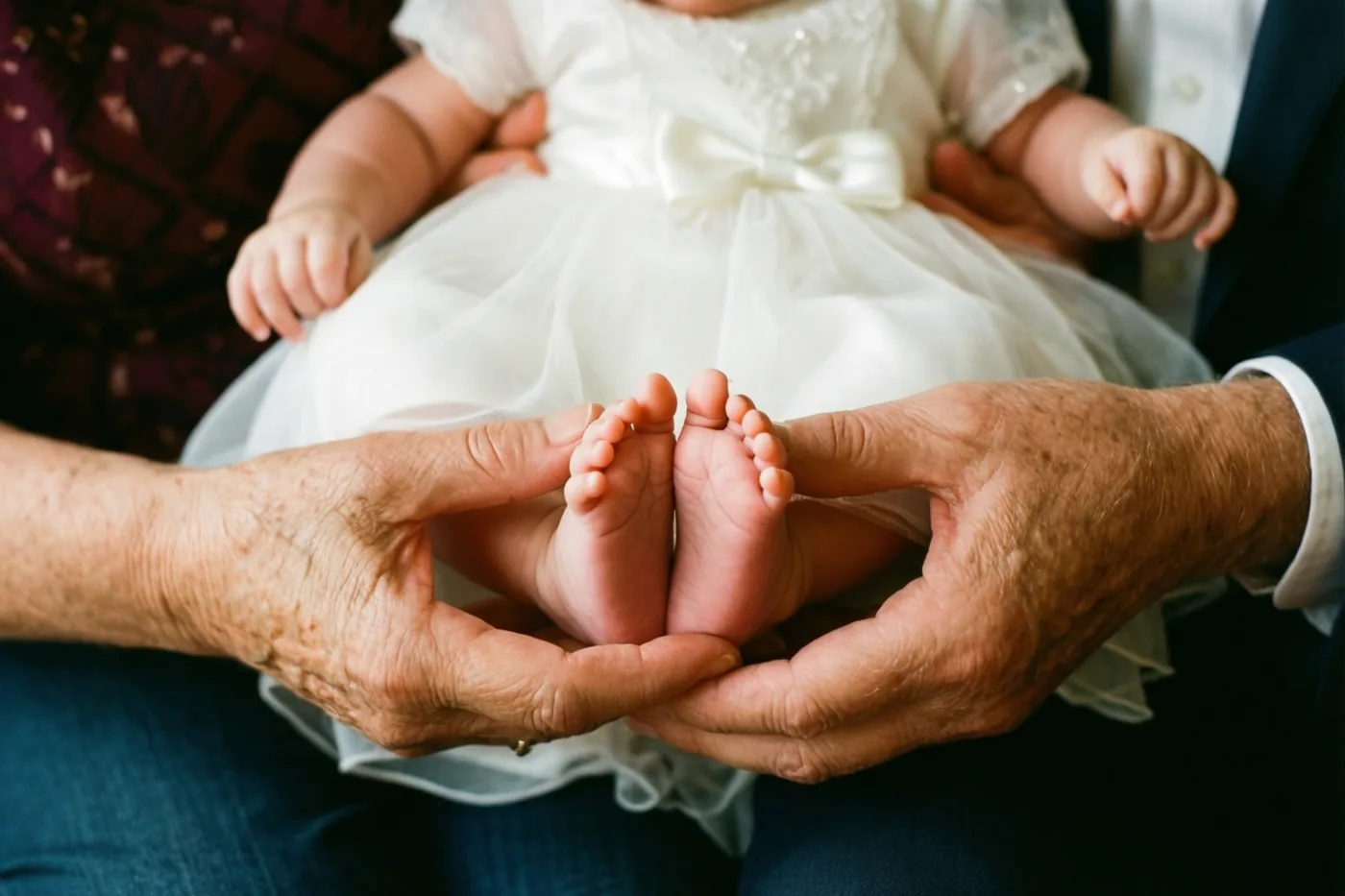 Twee oudere handen omvatten zacht de voetjes van een baby in een wit doopkleed, met zichtbaar contrast tussen de gerimpelde handen en de gladde babyhuid.