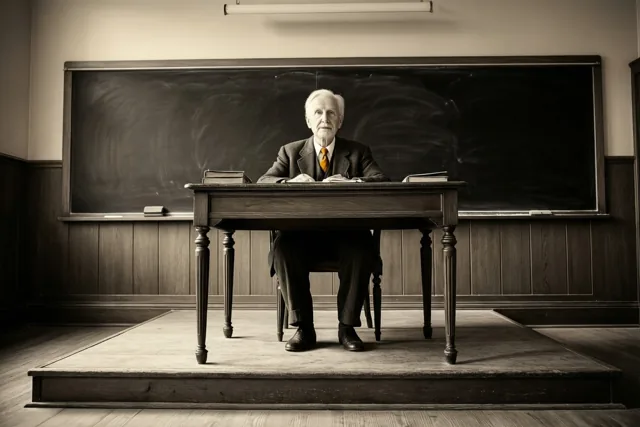 Een oudere man zit aan een houten bureau op een verhoging voor een groot schoolbord, in een beeld met sepiatinten.