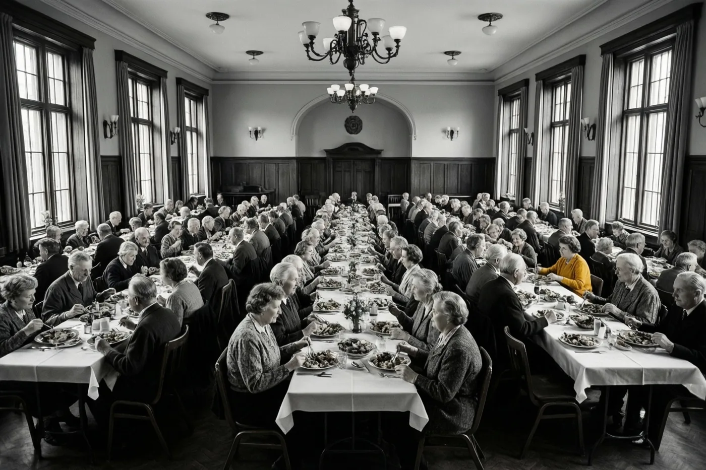 Ouderen eten samen aan lange tafels met witte tafelkleden in een grote zaal met houten wandbekleding, grote ramen en kroonluchters.