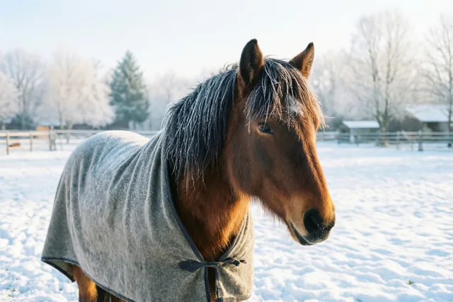 Een bruin paard met een grijze wollen deken en rijp op de manen staat in een besneeuwde paddock met besneeuwde bomen en een houten omheining onder een heldere hemel.