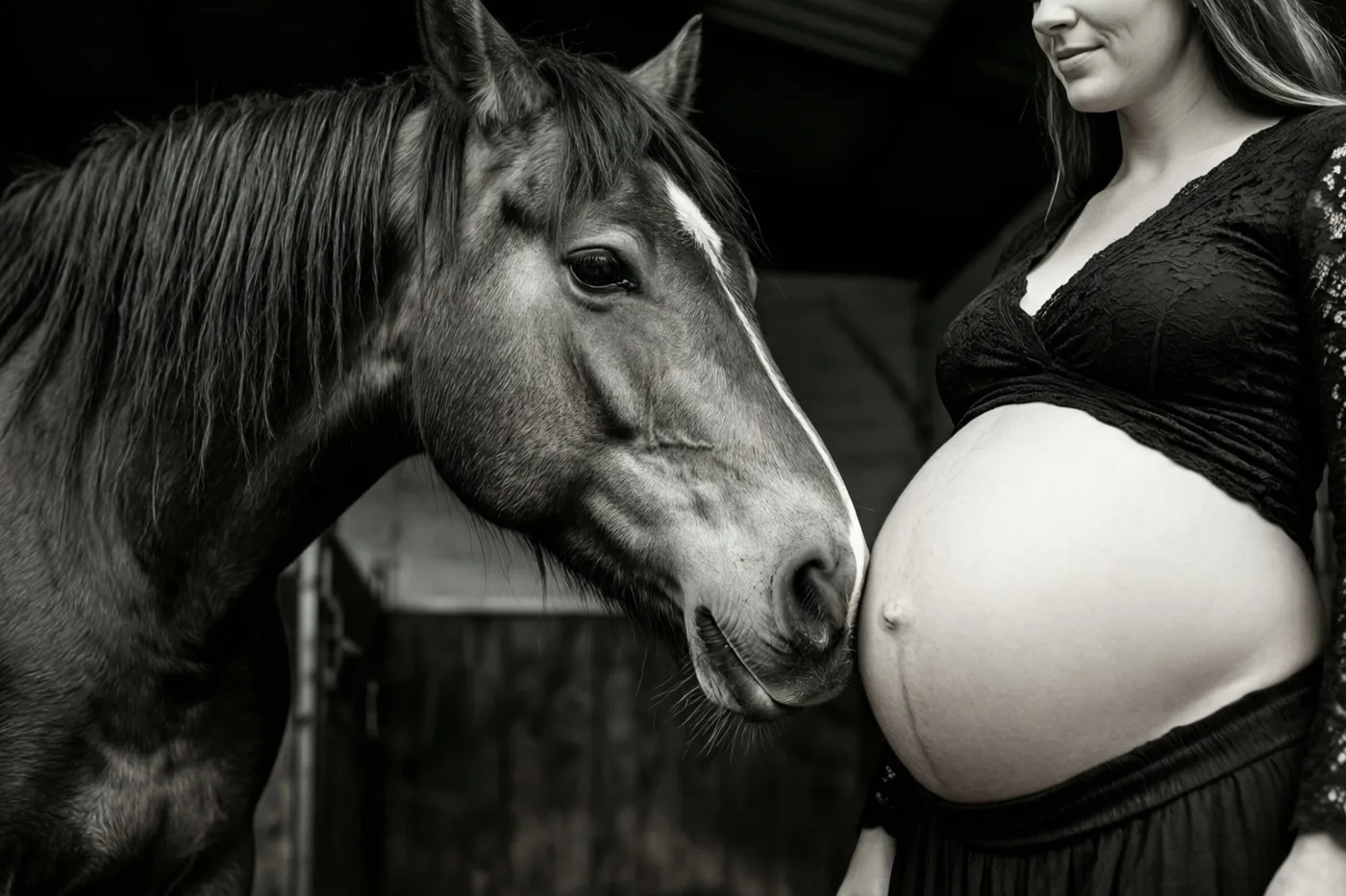 Een paard raakt met zijn neus de duidelijk zichtbare buik aan van een zwangere vrouw in een zwarte kanten top in een stal, weergegeven in zwart-wit.