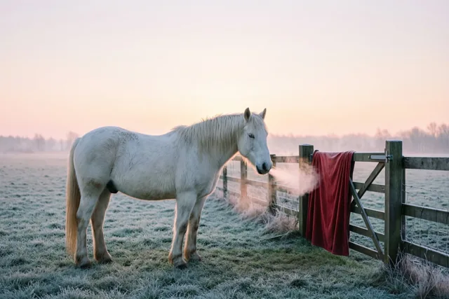 Een wit paard met zichtbare adem staat bij dageraad in een berijpte weide naast een houten hek met een rode deken, onder een lucht in pastelkleuren.