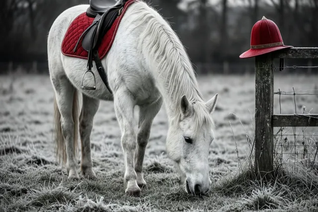 Een wit paard met een rood zadeldek graast in een berijpte weide naast een weidepaal met een rode ruiterhelm, tegen een zwart-witte achtergrond.