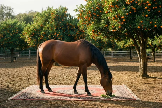 Een bruin paard eet groene bladeren van een tapijt met een patroon in een onverharde paddock, met daarachter rijen sinaasappelbomen vol vruchten onder een heldere hemel.