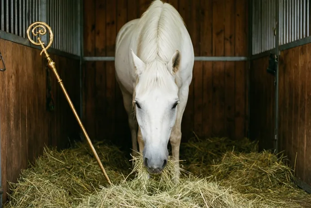 Een wit paard eet hooi in een houten stalbox met een gouden bisschopsstaf vlakbij.