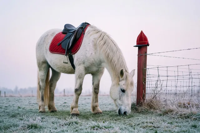 Een wit paard met een rood zadeldek graast in een mistige, berijpte weide naast een weidepaal met een rode mijter.