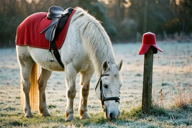 Een wit paard met een rood zadeldek graast in een berijpte weide naast een weidepaal met een rode mijter, in gouden ochtendlicht met een onscherp bos erachter.