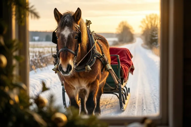 Door een raam is een bruin paard met belletjes en een rode deken te zien dat in goudkleurig schemerlicht een slee over een besneeuwde landweg trekt, met een onscherpe kerstboom op de voorgrond.