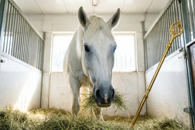 Een wit paard eet hooi in een stal met daglicht uit de ramen en een gouden bisschopsstaf tegen de muur in de hoek.
