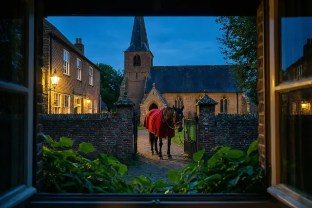 Door een raam is een paard met een rode deken te zien bij een poort voor een bakstenen dorpskerk, verlicht door warm lamplicht onder een diepblauwe avondlucht.