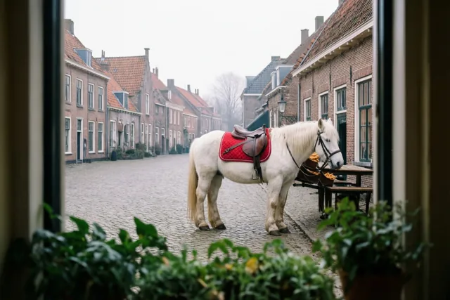 Door een raam met potplanten is een wit paard met een rood zadeldek naast een houten tafel te zien, in een mistige dorpsstraat met kasseien en bakstenen gebouwen.
