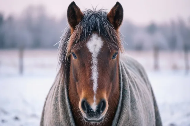 Een bruin paard met een witte bles, rijp op de manen en een grijze wollen deken staat van dichtbij in beeld in een besneeuwde paddock met wazige bomen op de achtergrond.