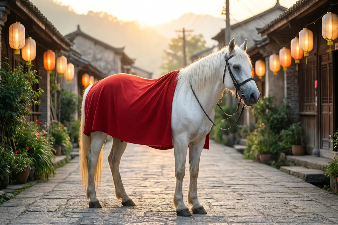 Een wit paard met een rode deken staat bij valavond op een stenen dorpsstraat tussen gebouwen met warm verlichte papieren lampionnen.