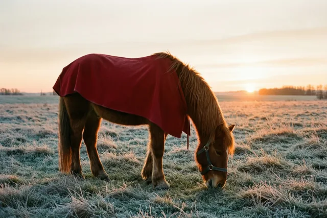 Een paard met een rode deken graast in een berijpte weide bij zonsondergang, onder een bleke hemel in warm goudkleurig licht.