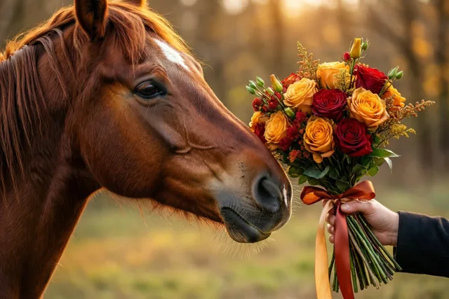 Een bruin paard met een witte bles snuffelt aan rode en gele rozen die een hand aanreikt, buiten in warm goudkleurig licht tegen een wazige natuurlijke achtergrond.