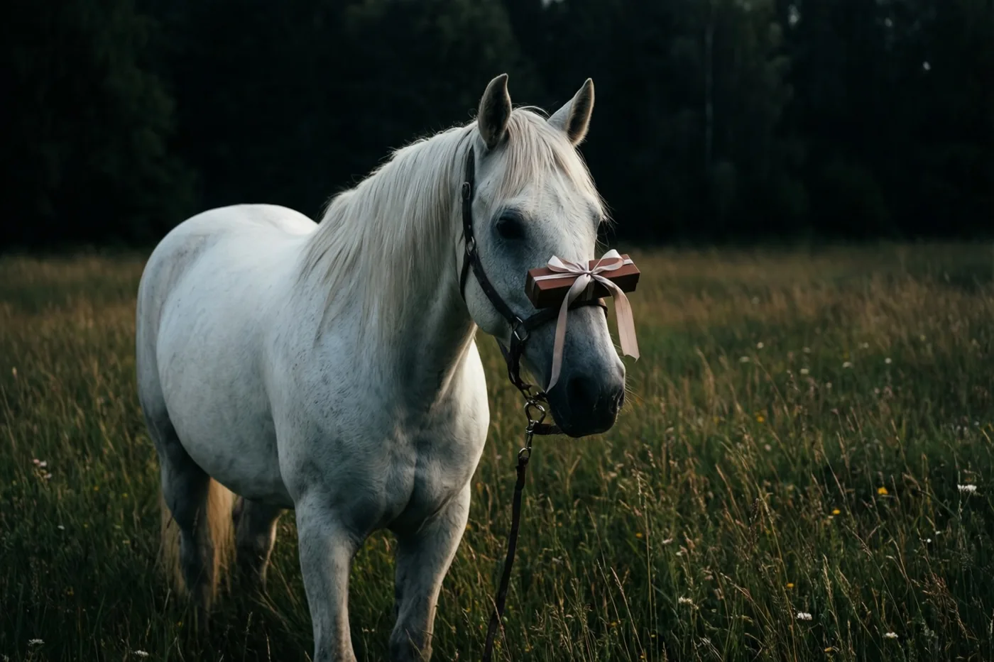 Een wit paard staat in een grasweide voor een donker bos, met een klein bruin ringdoosje dat met een lichtroze lint aan zijn hoofdstel hangt.