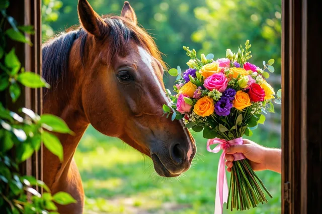 Een bruin paard met een witte bles snuffelt aan een kleurrijk boeket in een hand, buiten tussen groen in het zonlicht.