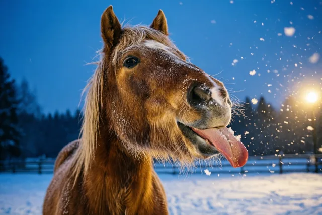 Een bruin paard met berijpte tastharen steekt zijn tong uit naar sneeuwvlokken in een besneeuwd veld bij schemering, verlicht door een straatlamp onder een diepblauwe hemel.