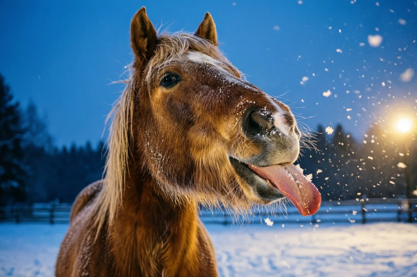 Een bruin paard met berijpte tastharen steekt zijn tong uit naar sneeuwvlokken in een besneeuwd veld bij schemering, verlicht door een straatlamp onder een diepblauwe hemel.