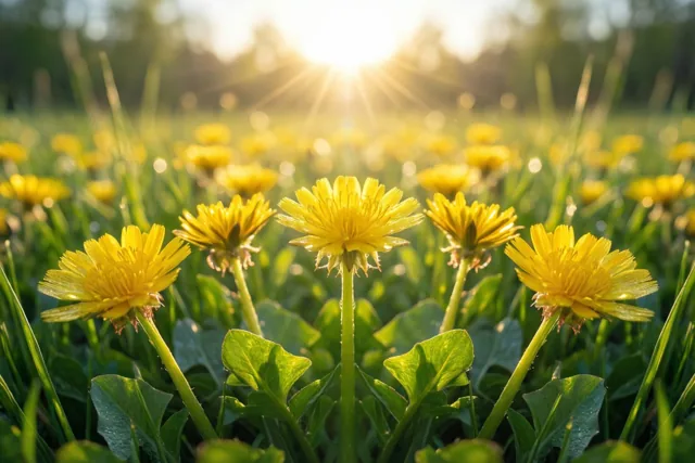 Felgele paardenbloemen staan tussen weelderig groen in een weide, met de late zon die van achter de bloemen schijnt.