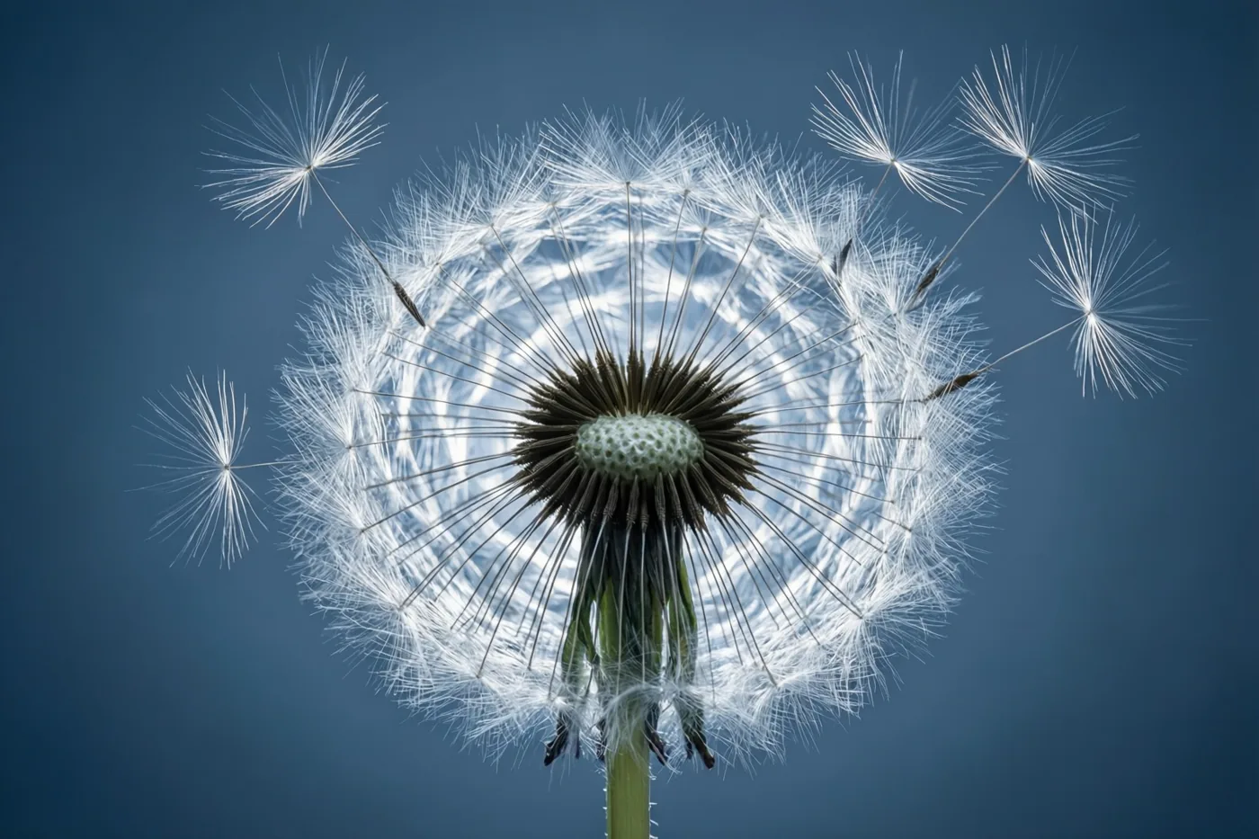 Een paardenbloempluisbol waarvan enkele zaadjes zijn weggewaaid is van dichtbij te zien tegen een effen blauwe achtergrond in koele blauwe en witte tinten.