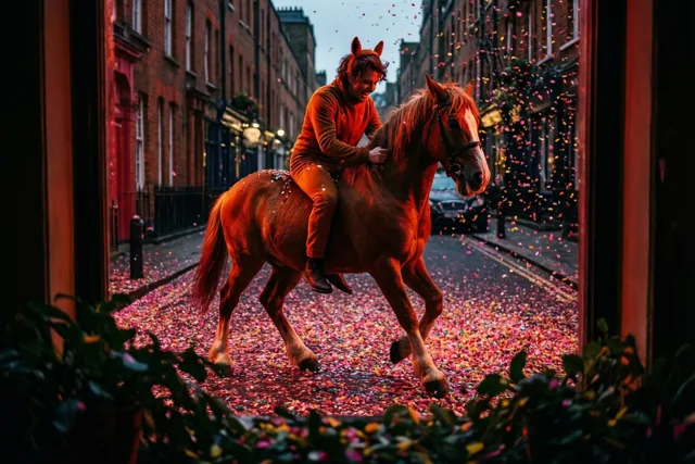 Door een raamkozijn is een persoon in een oranje paardenkostuum te zien die op een echt paard door een straat vol confetti rijdt, in warm oranje en rood licht.