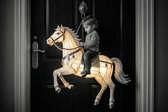 Een gloeiende papieren lantaarn in de vorm van een paard met een kind als ruiter hangt aan de klink van een donkere houten deur met sierlijk metalen beslag.