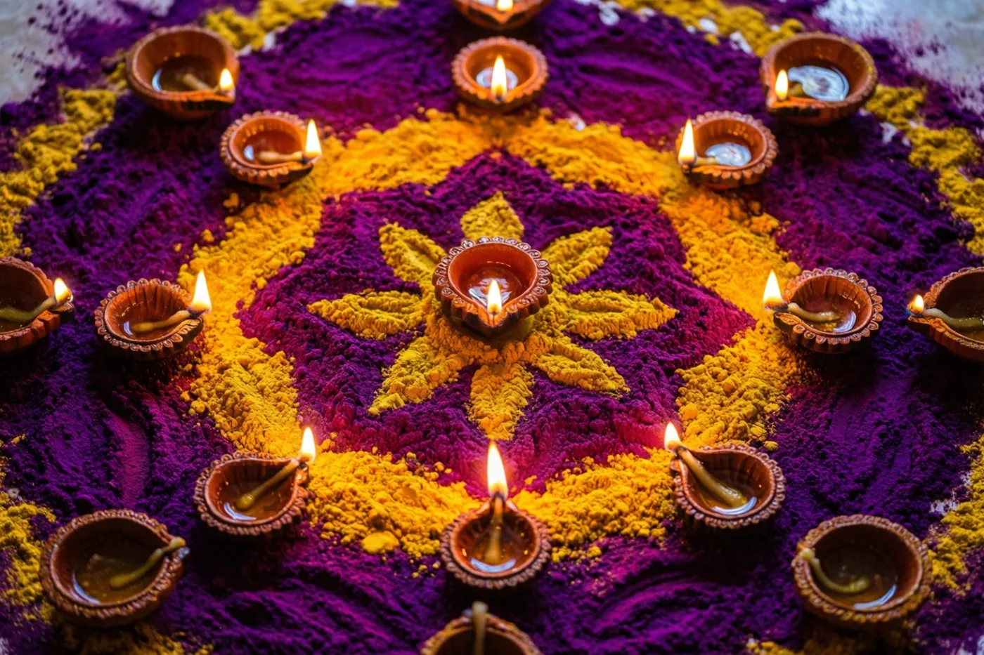 Een van bovenaf gefotografeerde symmetrische rangoli van dieppaars en goudkleurig poeder heeft brandende olielampjes op de punten.