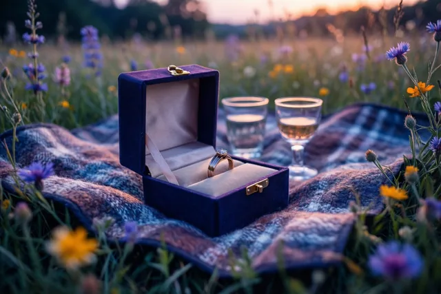Een open paarsfluwelen ringdoosje met een ring staat op een picknickdeken met een patroon in een veld met wilde bloemen bij zonsondergang.