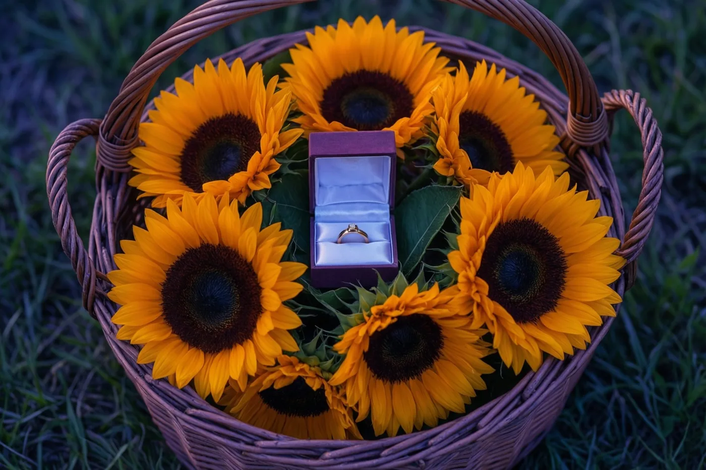 Een rieten mand met zonnebloemen staat op het gras en bevat een open paars doosje met een gouden ring.