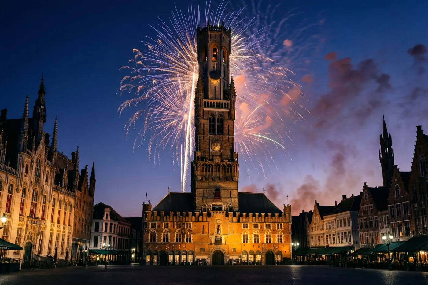Wit en paars vuurwerk licht op boven een warm verlicht historisch belfort op een Vlaams marktplein onder een diepblauwe schemerhemel.