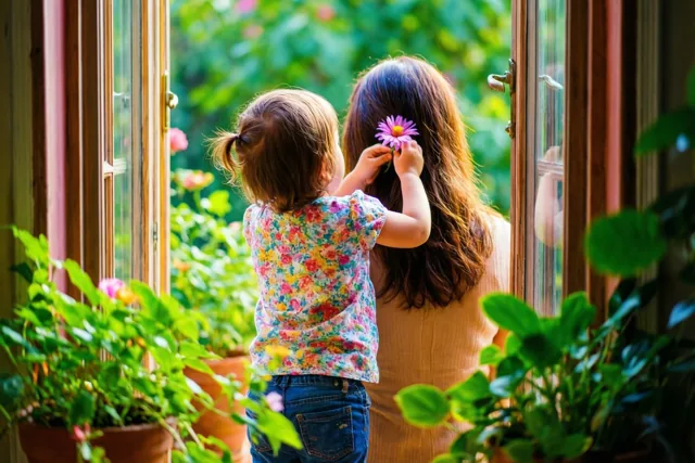 Een peuter in een bloemenhemd staat van achteren gezien op de tenen om een paarse bloem in het haar van haar moeder te steken, bij een houten raam met planten binnen en buiten.