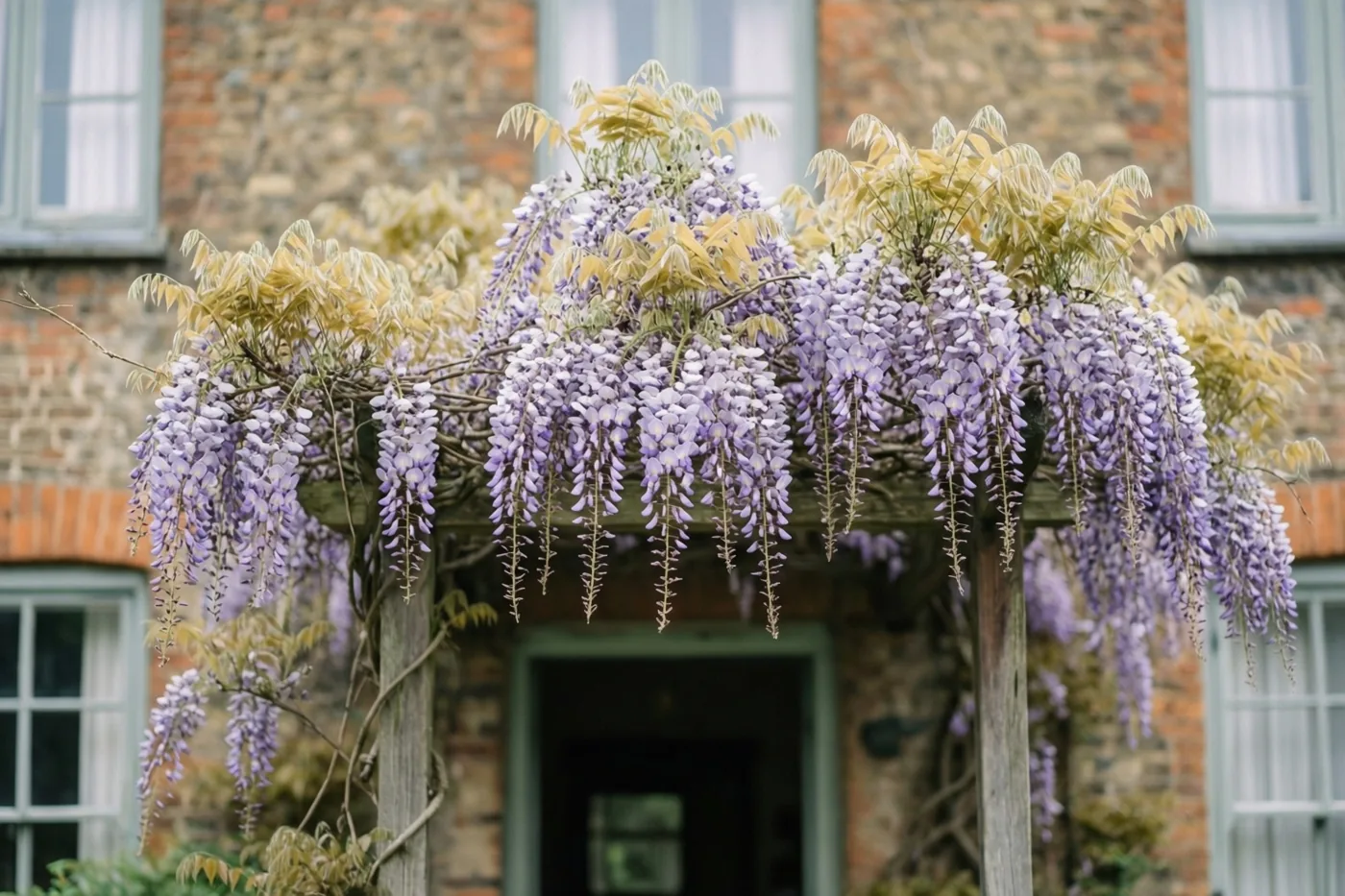 Paarse bloemtrossen van een blauweregen hangen boven de houten deur van een oud bakstenen huis in een tuin.