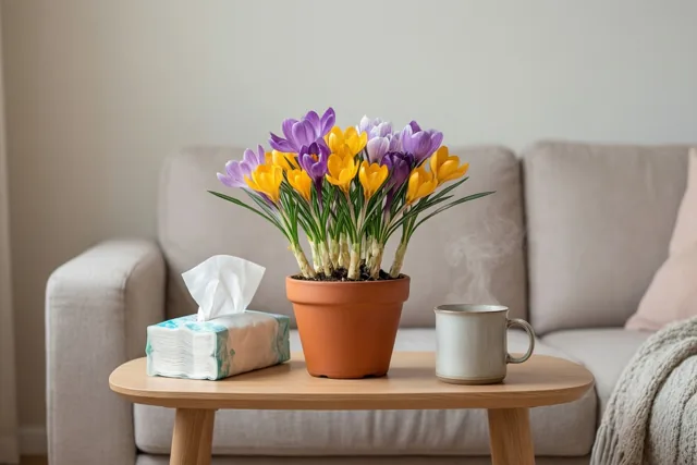 Een pot bloeiende paarse en gele krokussen staat met een doos zakdoekjes en een dampende mok op een houten bijzettafel voor een beige zetel.