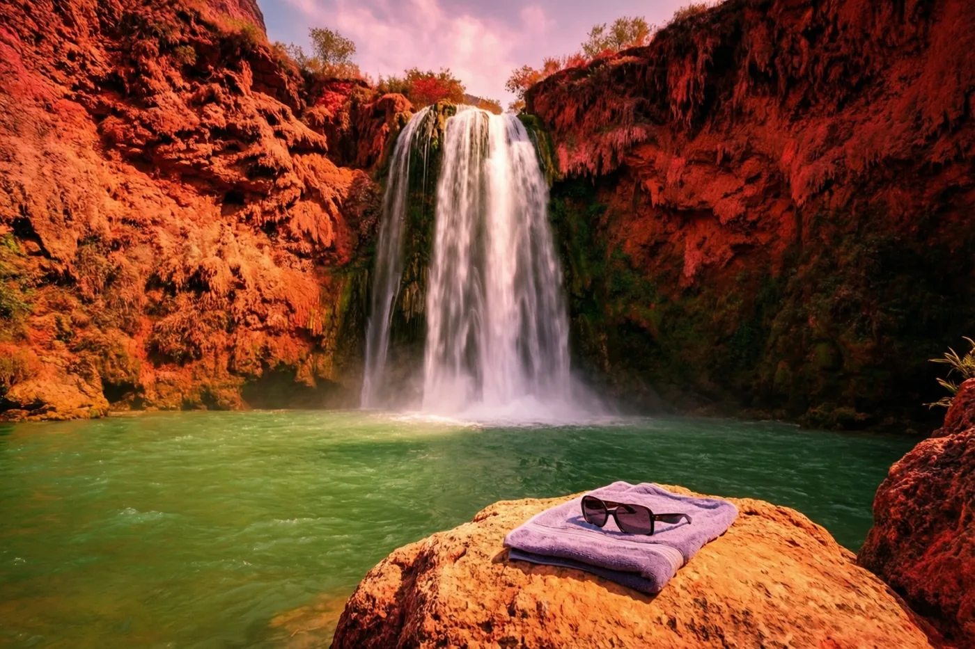 Een waterval valt in een felgroene waterpoel tussen roodoranje rotswanden, met een opgevouwen paarse handdoek en zonnebril op een zonnige rots vooraan.