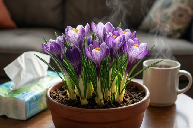 Een terracotta pot met bloeiende paarse krokussen staat naast een dampende witte mok en een doos zakdoekjes op een houten bijzettafel bij een zetel met een bloemenkussen.