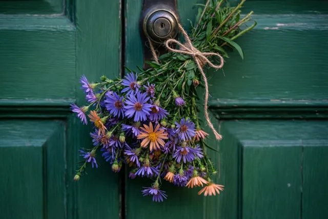 Een boeket paarse en oranje veldbloemen met een touwtje hangt aan de deurknop van een verweerde groene houten deur.