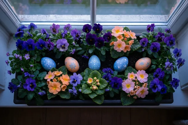 Een bloembak met paarse viooltjes, roze primula’s en beschilderde paaseieren tussen de bloemen staat op een vensterbank in natuurlijk licht.